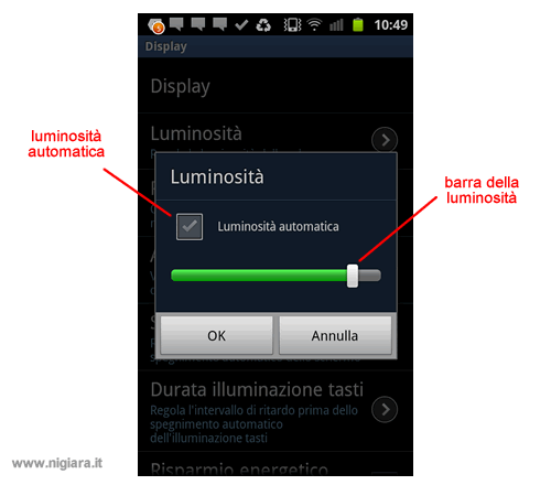 regola la luminosità dello schermo del tablet o dello smartphone Android spostando la barra